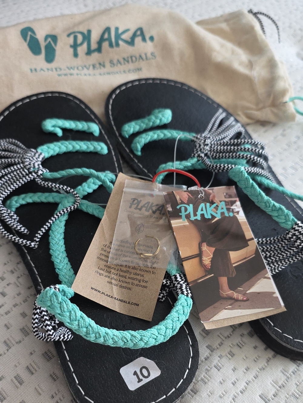 NWT Plaka Hand Woven Sandals Turquoise Zebra Black Size 10